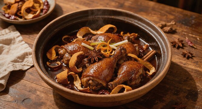 Steaming braised chicken drumsticks in rustic clay pot, slow cooked chicken legs in dark soy sauce broth garnished with dried tangerine peel, star anise and cinnamon stick on vintage wooden table trad