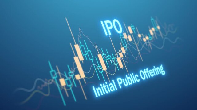 Listing broker diagram equity future improvement, IPO initial public offering stock chart candlestick and bokeh line, market trend trading exchange finance business economic