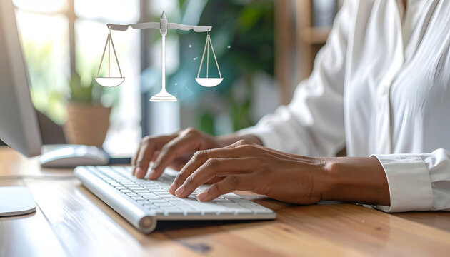 Lawyer Typing on Keyboard with Scales of Justice Overlay.