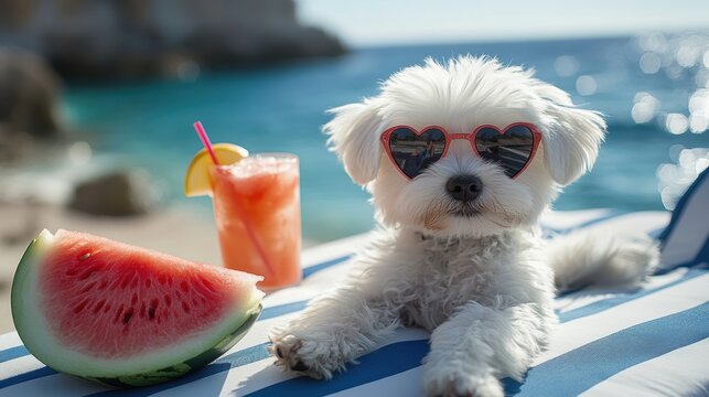 Puppy white maltese dog wearing pink heart sunglasses sitting and eating watermelon on beach chair and beach umbrella by the sea in resting summer vacation,pet friendly concept.