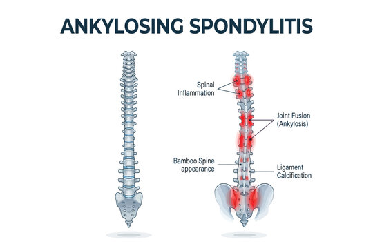 Medical illustration comparing a healthy human spine with a spine affected by ankylosing spondylitis showing joint fusion and inflammation