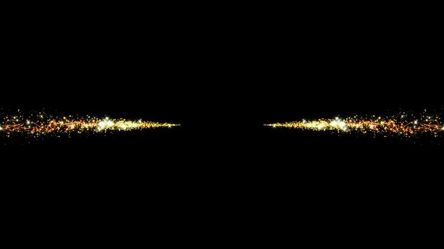 Golden shimmering glitter trail with magic sparkles, twinkling star burst, fairy dust line, soft glowing bokeh lights on black background in ultra hd 4k