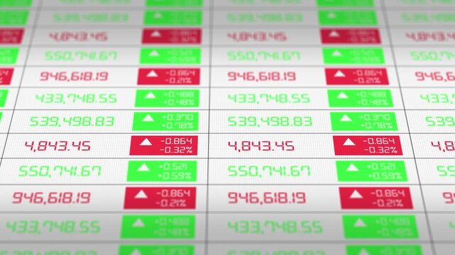 White table stock prices arrow plus and minus, numbers of data price moving plus and minus financial stock economy market screen display investment trading real time
