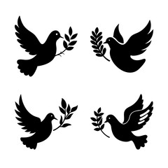 Fototapeta premium Four black doves flying with olive branches - Simple vector illustration of four doves carrying olive branches in a balanced composition, symbolizing peace and harmony.