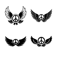 Fototapeta premium Peace symbol wings vector icons set - Four stylish black and white peace symbol icons with wing designs, perfect for protest, peace, or music-themed projects.