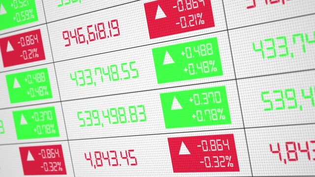 White table stock prices arrow plus and minus, numbers of data price moving plus and minus financial stock economy market screen display investment trading real time
