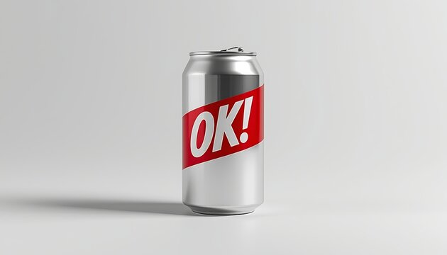 A sleek silver can with a bold red diagonal OK exclamation mark design stands prominently against a neutral background