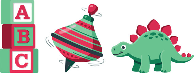Cute Childrens Toy Vector Set Featuring Stacked ABC Alphabet Blocks Retro Spinning Top and Green Dinosaur Stegosaurus Illustration Elements for Kids © sojib