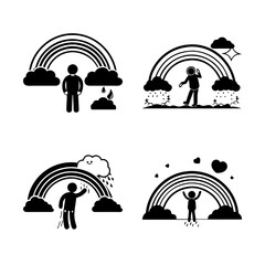Obraz premium People walking under rainbow arcs with hearts - Four black and white vector illustrations showing people walking under rainbow arcs, each with a heart symbolizing love or positivity.
