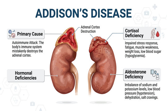 Educational Medical Infographic Explaining the Physiological Impact and Clinical Symptoms Associated with Chronic Adrenal Insufficiency