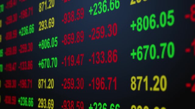 Table stock prices and numbers of data price moving plus and minus financial stock economy market screen display investment trading real time