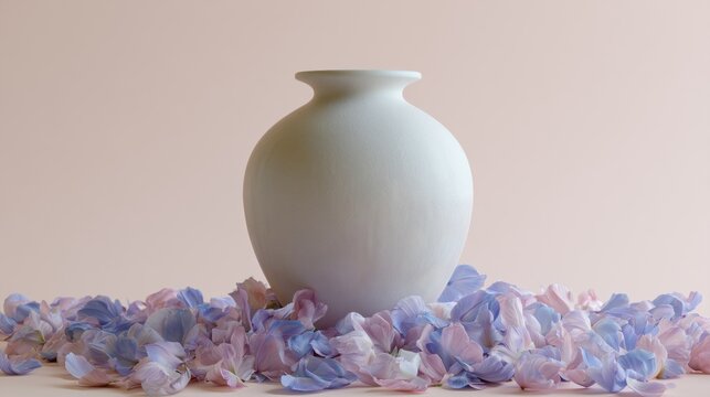 White vase with a narrow neck and a wide opening at the top. the vase is placed on a light pink background and is surrounded by a bed of pink and blue rose petals.