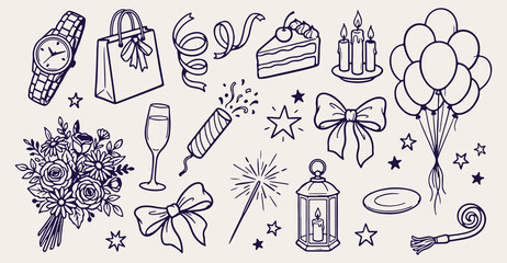 birthday celebration party seamless pattern, cake slice line art illustration, party popper vector, champagne glass doodle background, event party sketch wallpaper, continuous birthday celebration pri © Geetaroy