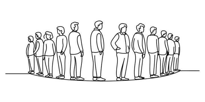 Group of diverse people standing in a long queue line waiting for service drawn as a simple black line art illustration on a clean minimalist style