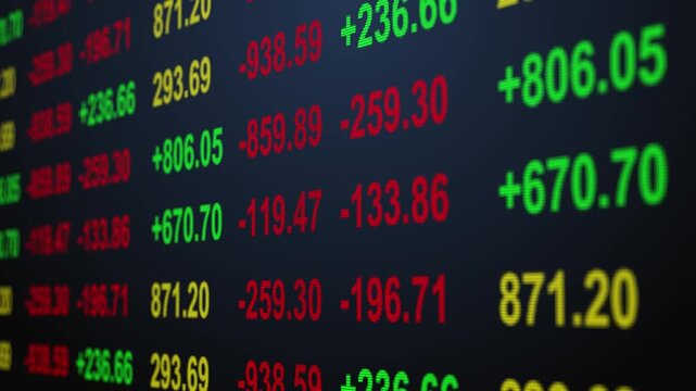 Table stock prices and numbers of data price moving plus and minus financial stock economy market screen display investment trading real time