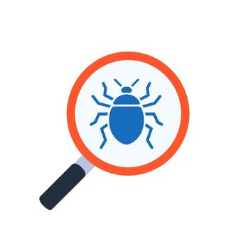 Bug search Magnifying glass inspecting bug malware detection icon