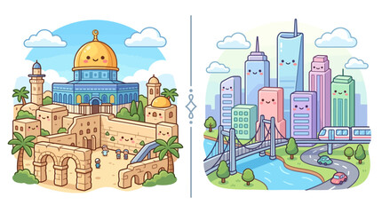 Fototapeta premium Cute Cartoon Illustration of Ancient Landmark and Modern City Skyline