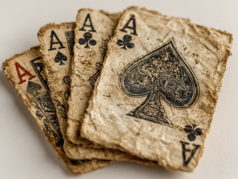 Four vintage aged ace playing cards isolated on white background