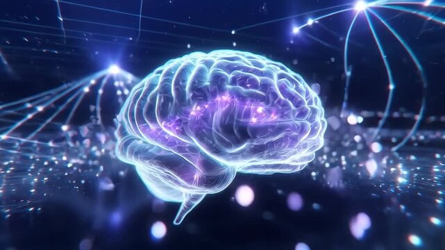 A luminous brain shape shown in a futuristic style on a dark tech background, symbolizing intelligence and data flow