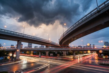 Fototapeta premium Dramatic rainy city scene with wet streets and stormy atmosphere