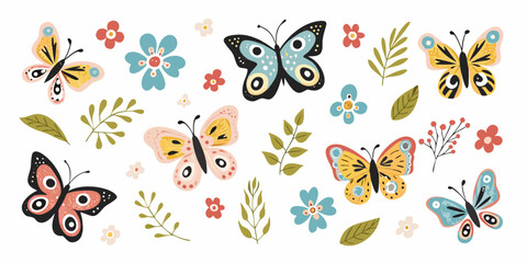 Colorful butterflies and floral elements vector illustration on a white background © Anik