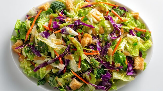 A clean commercial miso crunch salad composition isolated on a white surface with balanced shadows and expansive premium copy space