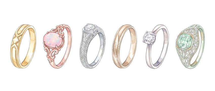 Wedding rings jewelry watercolor illustration set of elegant engagement gold rose silver diamond opal vintage bands design icons collection isolated on black background for marriage luxury fashion art