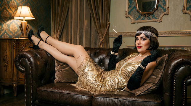 Elegant woman in vintage flapper dress relaxing on leather sofa in luxury room interior