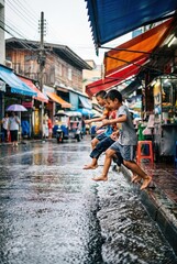 Obraz premium Dramatic rainy city scene with wet streets and stormy atmosphere