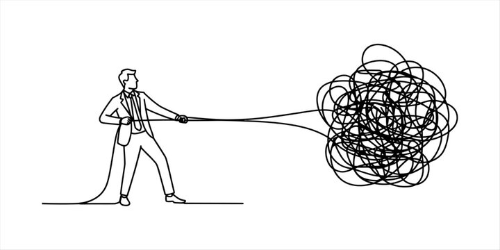 Businessman pulling and untangling a large messy knot of scribbled lines representing a complex problem or difficult work challenge in a linear style