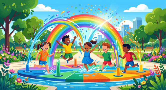 Vibrant summer splash pad illustration, diverse children playing in water park with rainbow sprinklers, happy kids enjoying outdoor city park fountain