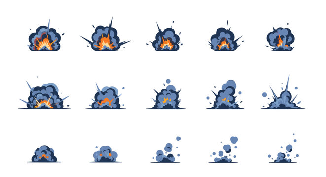 Cartoon chemical explosion sequence animation sprite sheet with expanding smoke clouds isolated on white background.