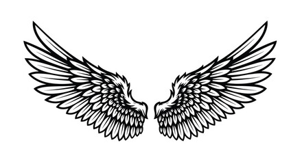 Fototapeta premium Intricately detailed majestic pair of angel wings in black ink sketch style isolated on white background.