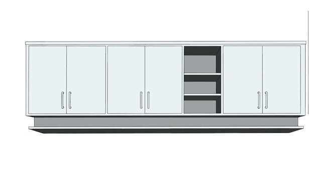 Sleek modern kitchen cabinet unit with gray doors and open shelving isolated on a clean white background.
