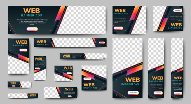 Ads web banner template set. Vector horizontal, vertical, square web banner ads design. Vector