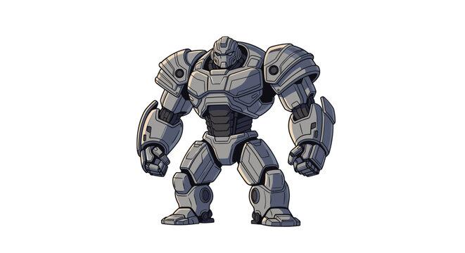 Powerful armored sci-fi robot mech warrior standing in a combat pose isolated on a white background.