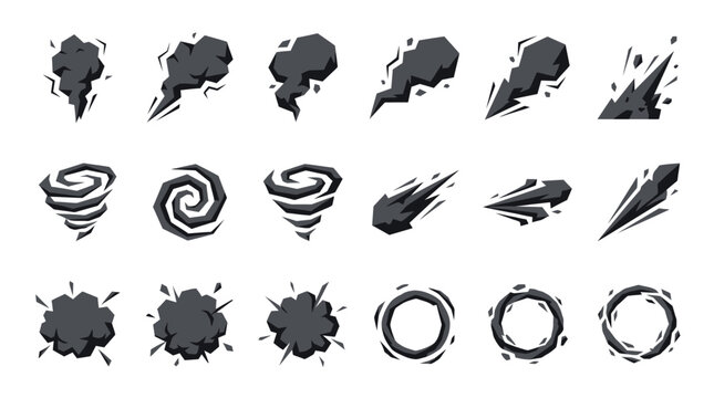 Black stylized comic explosion effects and smoke cloud icons set isolated on white background, illustrating dynamic game assets and representing visual motion graphics for manga projects