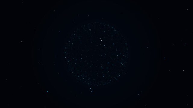 Glowing particle sphere digital technology mesh on dark background