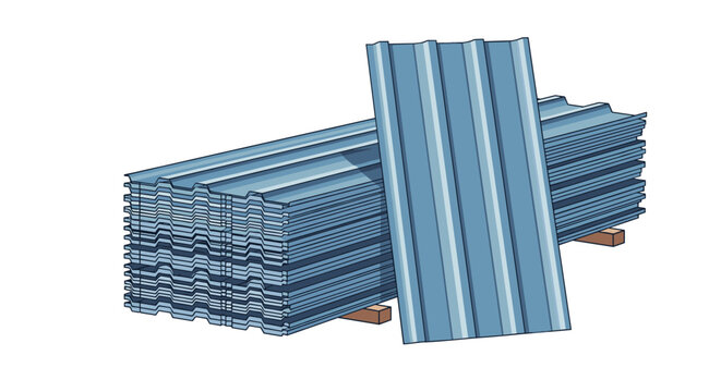 Stack of blue corrugated steel metal roofing sheets for construction isolated on a plain white background.