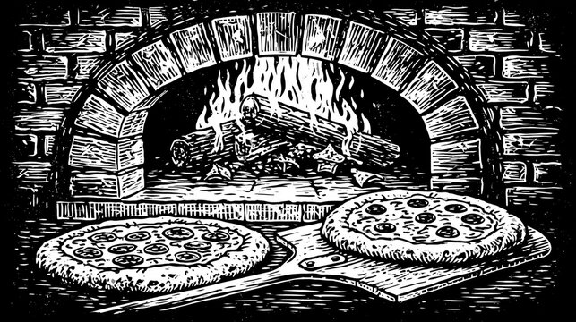 High-contrast black and white linocut style illustration featuring a traditional brick wood-fired oven with burning logs and two pizzas.