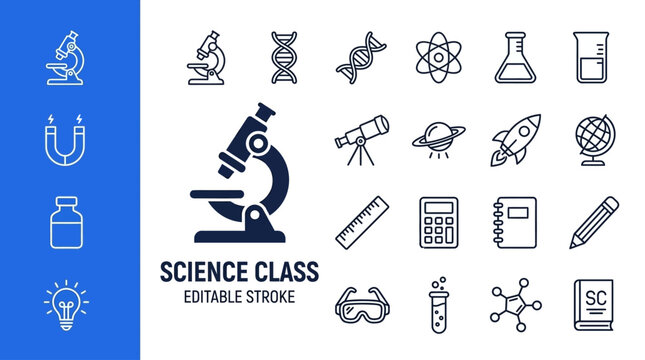 Science class education icons including microscope and laboratory tools