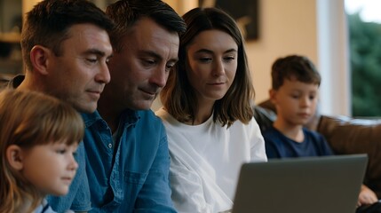 Fototapeta premium A family gathers closely around a laptop screen in a warmly lit living room setting focused on what appears to be an online activity