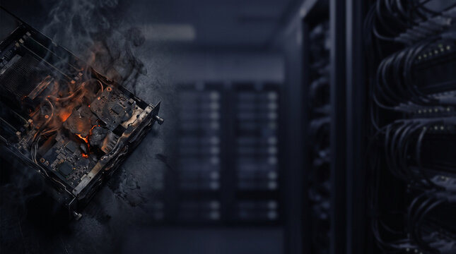 Server rack on fire with smoke in dark data center environment  