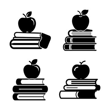 Apple on stack of books icon - Black and white vector icon showing an apple on top of four stacks of books, symbolizing education and knowledge.