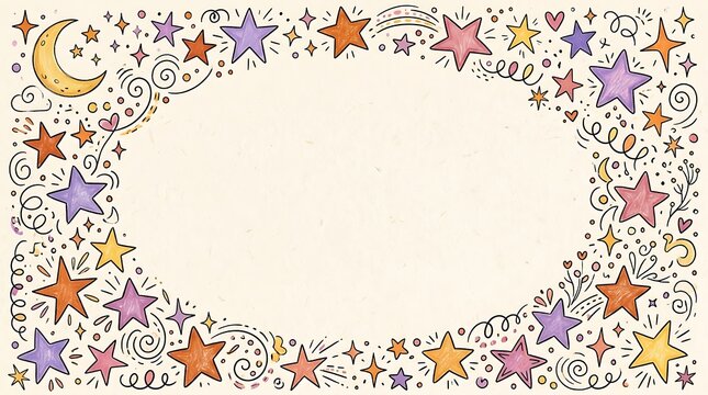 Hand drawn celestial frame with stars, moon, and decorative swirls on a cream background