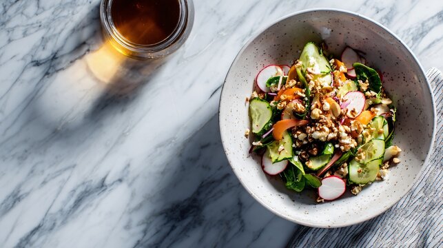 A modern flat lay of miso crunch salad styled asymmetrically on a marble surface with refined editorial composition and subtle reflections