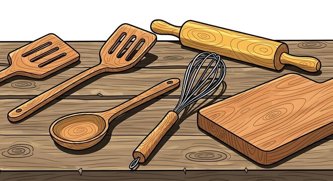 Kitchen Utensils on Wood.