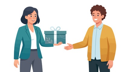 Fototapeta premium HR professional handing a welcome gift box to new employee for corporate onboarding flat vector illustration