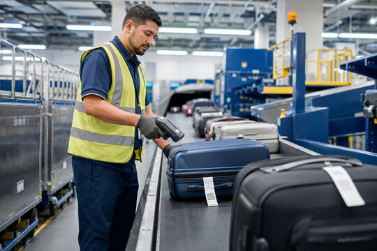 Male Airport Baggage Handler Scanning Luggage Barcode Conveyor Belt High Vis Vest Airport