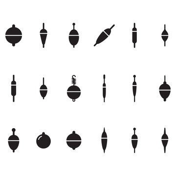 Black Silhouette Icons Of Various Fishing Floats Displayed In An Organized Collection Used For Freshwater Angling And Sports Activities Which Helps Track Catch In Water Bodies During Summer